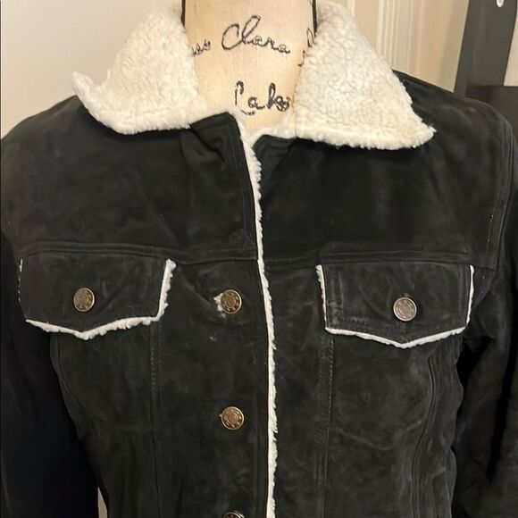 Oscar Piel Black Sherpa-Lined Genuine Suede Leather Pockets Jacket Bohemian - Picture 2 of 9